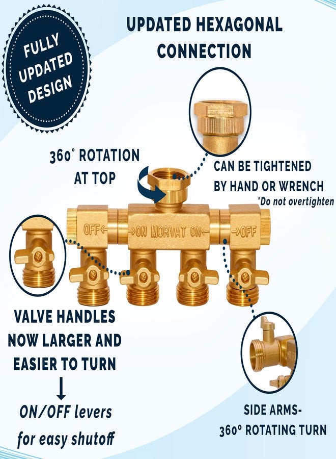 Morvat 4 Way Splitter with Rotating Arms, Heavy Duty Brass Garden Hose Manifold Connector with Comfort Rubber Grip ON/OFF, Adapter for Water Faucet Tap & Spigot, 8 Extra Washers & Teflon Tape - Image 2